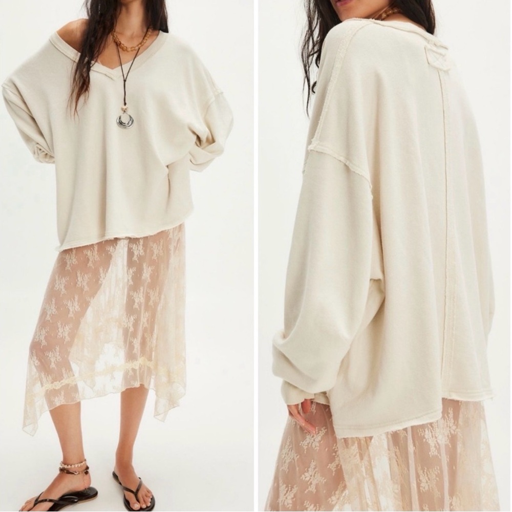 NWT Free People We The Free Venice V-Neck Sweatshirt - grey opal - S